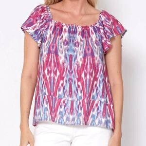 Another Love NWT Purple Blue Ikat Print Linen Blend Ruffle Short Sleeve Top